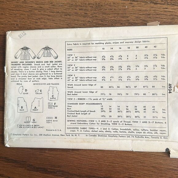 Vintage 1954 Simplicity 4934 Misses & Women’s Smock & Bed Jacket sewing pattern - Picture 2 of 4